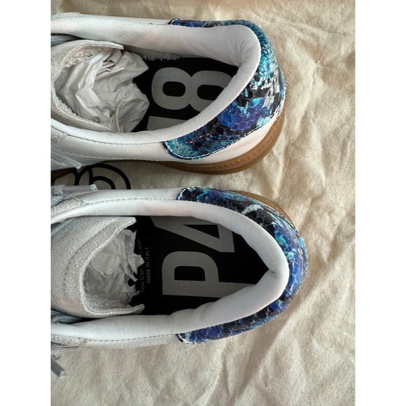 P448 Monza-W White Splash Leather Suede Sneakers Blue Snakeskin Heel IT 37 US 7 - Picture 4 of 8